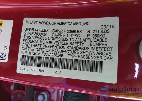 2018 Honda Accord Sport from USA, damaged, VIN 1HGCV1F36JA236249